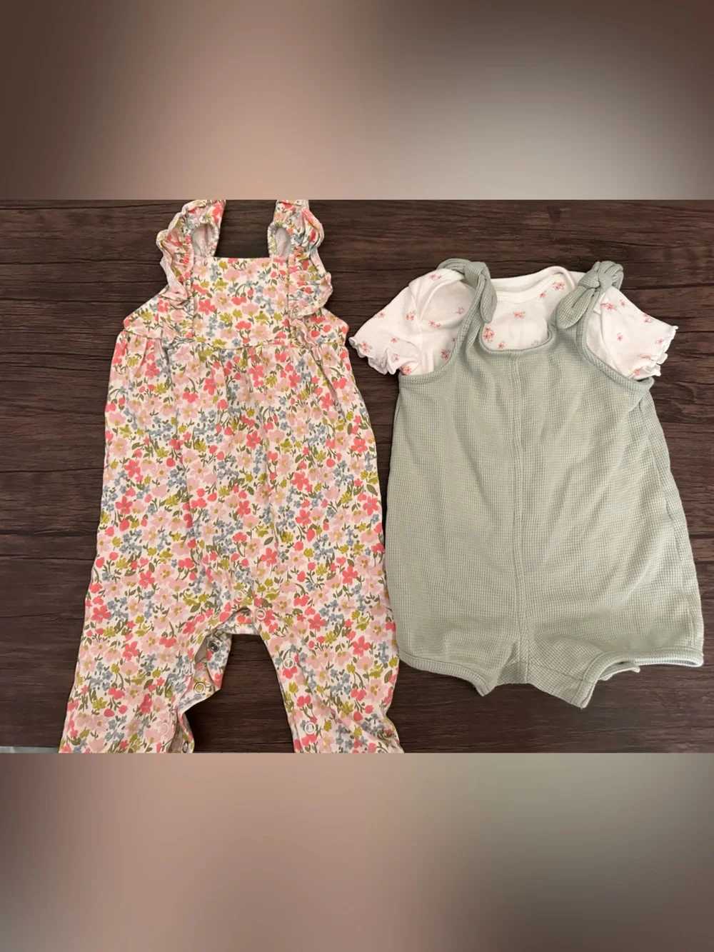 Carter's Sage Green Waffle Romper + Cream Floral Romper